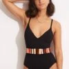 Sun Stripe One Piece With Belt - Black -Fashion Swimwear Store 11028 947 Black 1