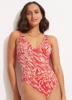 Poolside V Neck One Piece - Pink Chintz
