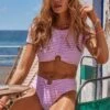 Sorrento Stripe Short Sleeve Ring Crop Top - Parfait Pink -Fashion Swimwear Store 31443 027 ParfaitPnk 1
