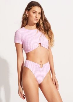 Sorrento Stripe Short Sleeve Ring Crop Top - Parfait Pink -Fashion Swimwear Store 31443 027 ParfaitPnk 5