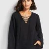 Beach Edit Harbour Linen Top - Black -Fashion Swimwear Store 54390 TO Black 1