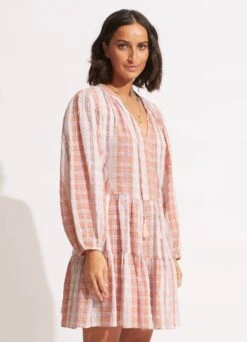 Textured Gingham Tiered Dress - Lilac -Fashion Swimwear Store 54679 DR Lilac 3