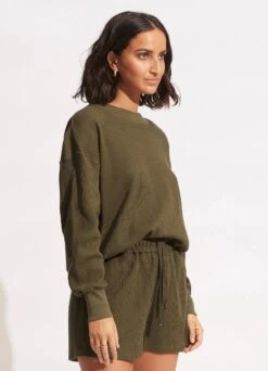 Waffle Sweat Top - Moss -Fashion Swimwear Store 54725 TO Moss 3