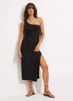 Second Wave One Shoulder Midi Dress - Black -Fashion Swimwear Store 54804 DR Black 2